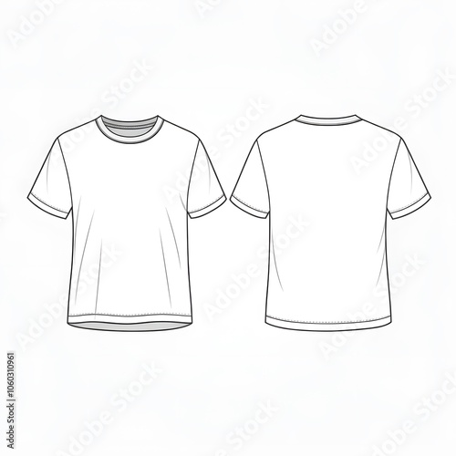 T-shirt Front and Back View Template, Minimalist T-Shirt Outline, Blank T-Shirt Sketch, Basic Apparel Technical Drawing, Simple Shirt Design Layout.