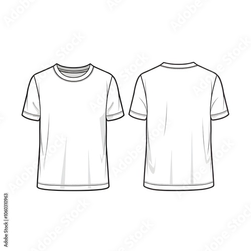 T-shirt Front and Back View Template, Minimalist T-Shirt Outline, Blank T-Shirt Sketch, Basic Apparel Technical Drawing, Simple Shirt Design Layout.