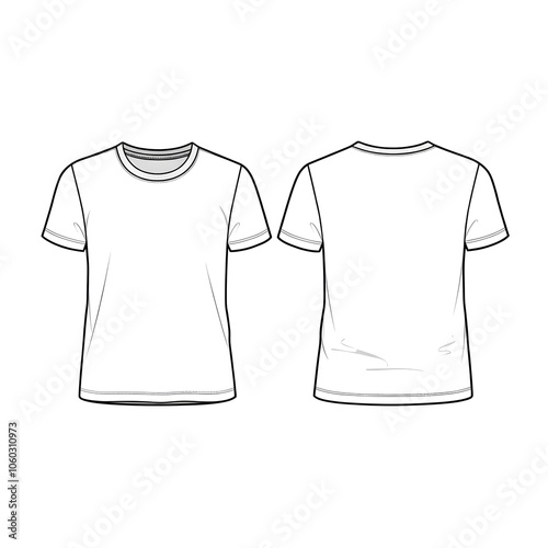 T-shirt Front and Back View Template, Minimalist T-Shirt Outline, Blank T-Shirt Sketch, Basic Apparel Technical Drawing, Simple Shirt Design Layout.