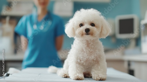 A fluffy white dog sits on a table at a veterinary clinic, with a vet in the background.