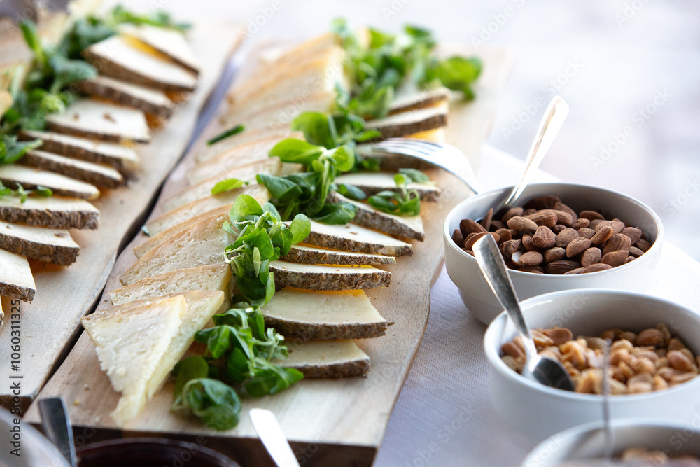 Catering cheese platter with almonds and peanuts displayed on table Catering cheese platter with almonds and peanuts displayed on table