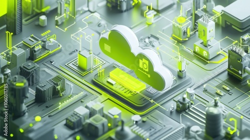 The concept of Cloud Robotics in light gray and neon green colors photo