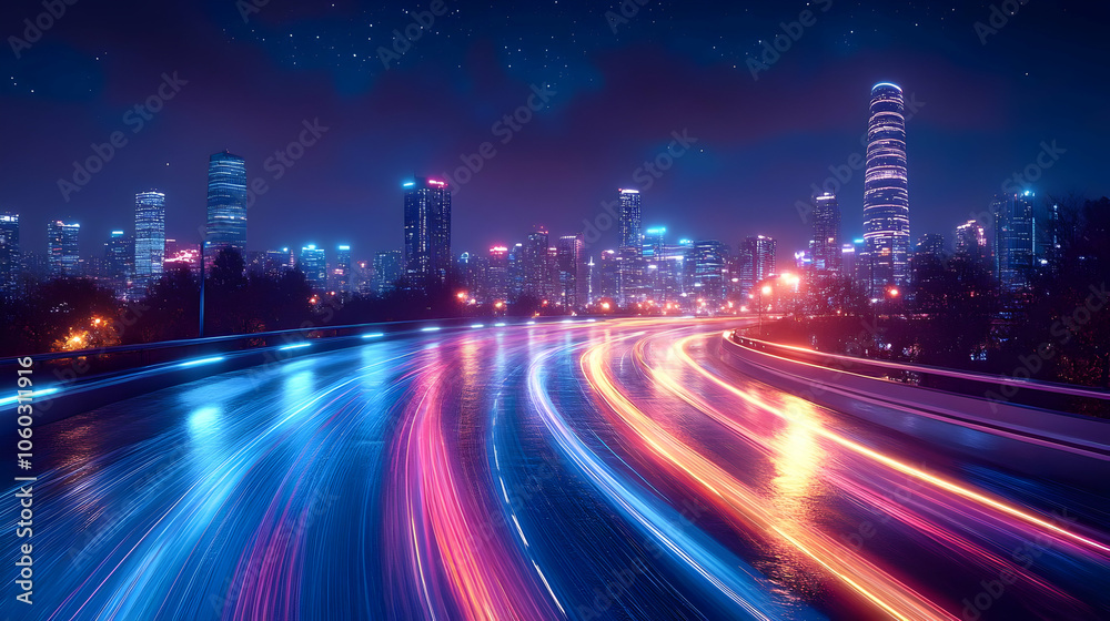 Obraz premium Night Cityscape with Road and Light Trails - Illustration