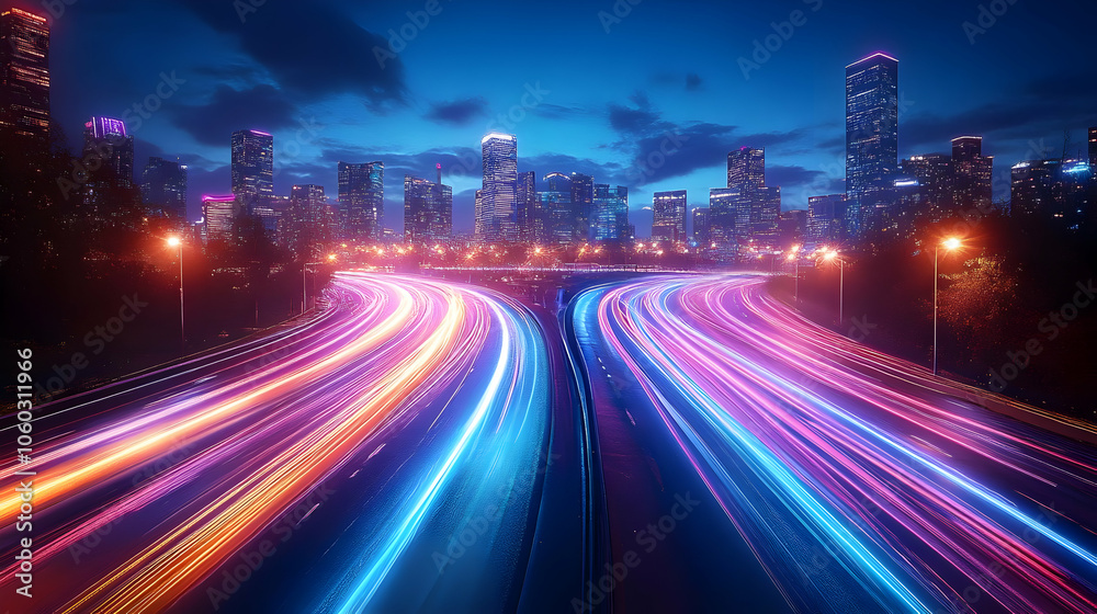 Fototapeta premium Night Cityscape with Light Trails Photo