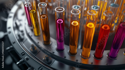 Close-Up of Centrifuge Rotor with Colorful Test Tubes, Showcasing Dynamic Motion and Intricate Design in High-Tech Laboratory Setting