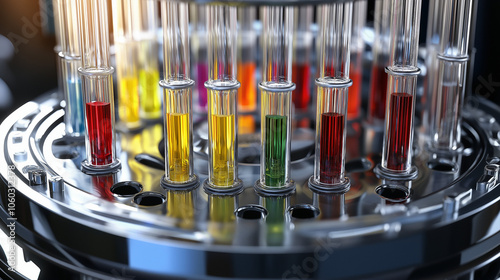 Close-Up of Centrifuge Rotor with Colorful Test Tubes, Showcasing Dynamic Motion and Intricate Design in High-Tech Laboratory Setting
