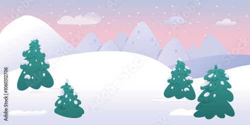 Winter mountains landscape in snowy weather. Nature scene with snowy hills, clouds and falling snow. Cartoon vector background for ski resort, park, hotel, touristic agency.