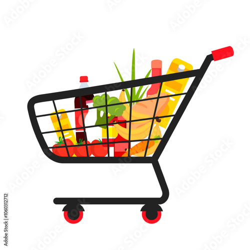 Supermarket shopping cart with products vector illustration. Buying food. Store, shop, market, grocery store trolley. Products purchase. Healthy diet, nutrition.