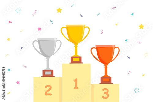 Winner podium with gold, silver, bronze trophy cups and confetti. Award pedestal for first, second, third place. Champions platform of competition for victory ceremony. Cartoon vector illustration.