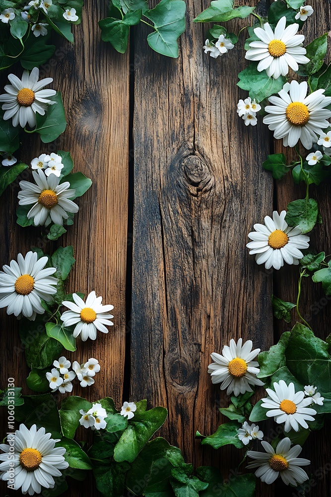 Obraz premium Charming floral arrangement with daisies and ivy on rustic wooden background for nature lovers and garden enthusiasts