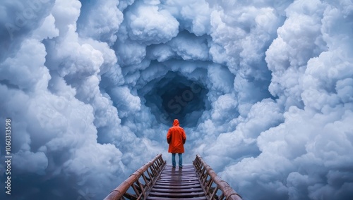 A person in an orange coat standing on a bridge surrounded by swirling clouds. Concept of adventure and exploration.