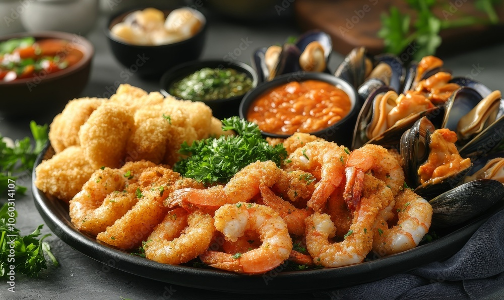 Fried shrimp and mussels on a plate.