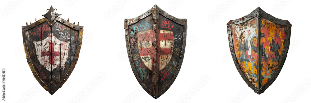 Set of a medieval-style shield with metal edges, featuring a detailed design and worn textures, isolated on transparent background. Set of a medieval-style shield with metal edges, featuring a detailed design and worn textures, isolated on transparent background.