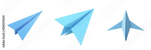 Free Download Set of a 3D paper airplane icon, sleek and minimalistic, with clean lines, isolated on transparent background. - GFXLoad