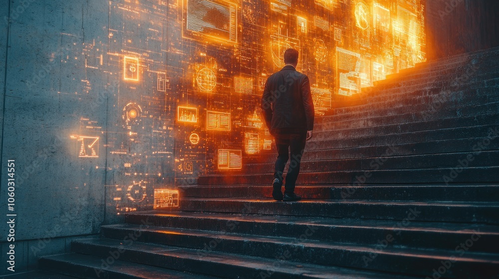Businessman on concrete steps, surrounded by glowing icons of SME management in a futuristic hologram.