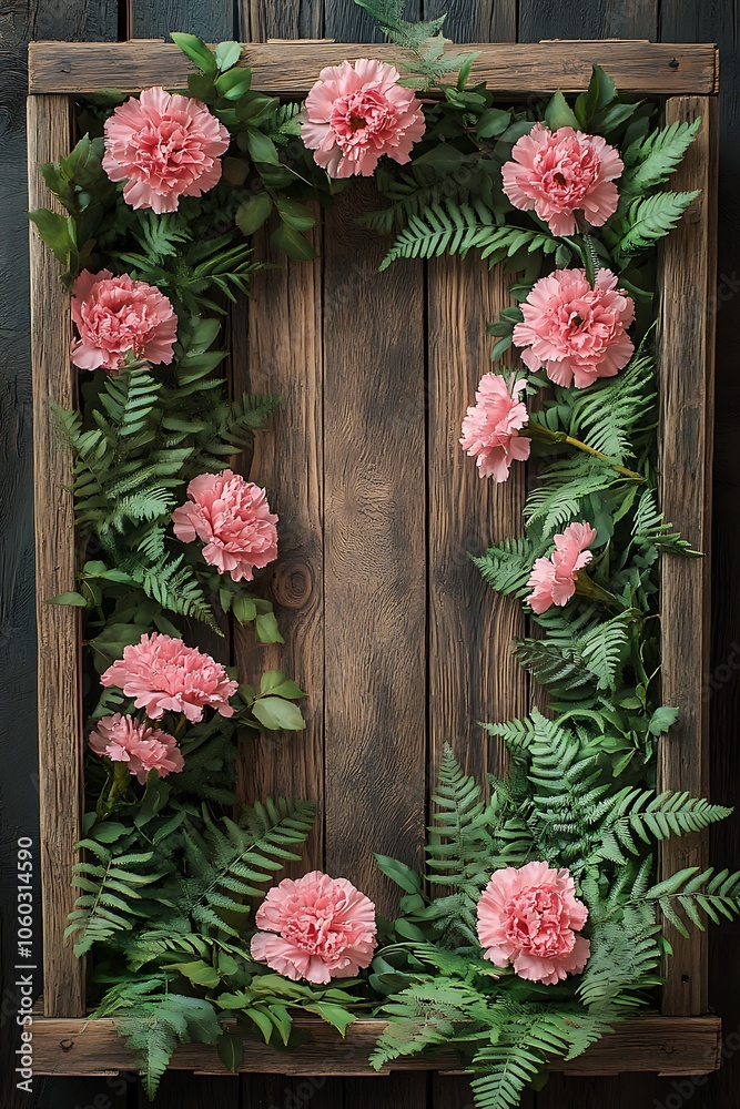 Fototapeta premium Beautiful floral arrangement framed with ferns and pink carnations creating a nature-inspired aesthetic for home decor