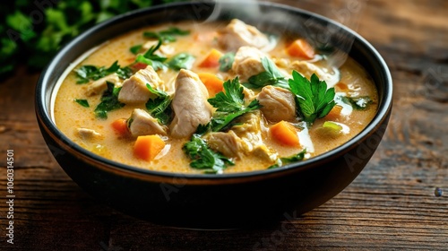 Bowl of steaming chicken soup with carrots, fresh herbs, and creamy broth on a wooden table setting