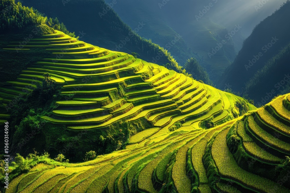 Lush Green Rice Terraces Under Sunlight Lush Green Rice Terraces Under Sunlight