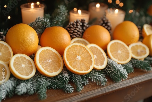 Seasonal Christmas landscape with citrus accents with oranges and lemons. Generative AI