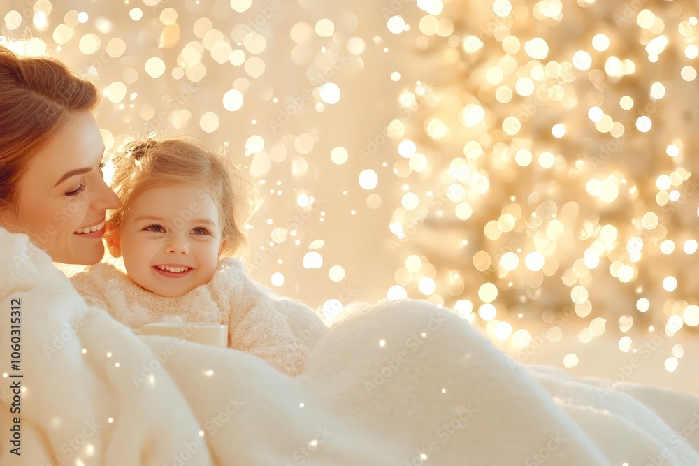 A mother and her smiling daughter wrapped in a cozy blanket, illuminated by festive lights, enjoying the warmth of the holiday season. A mother and her smiling daughter wrapped in a cozy blanket, illuminated by festive lights, enjoying the warmth of the holiday season.