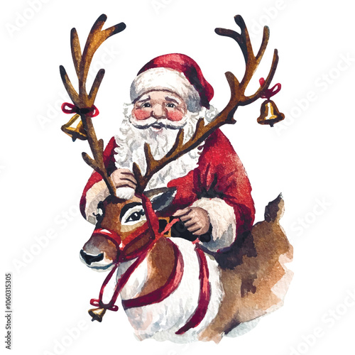 Vector freehand watercolor Christmas illustration of Santa Claus harnessing a deer isolated on a white background. Hand drawn Xmas watercolour reindeer. Card, background