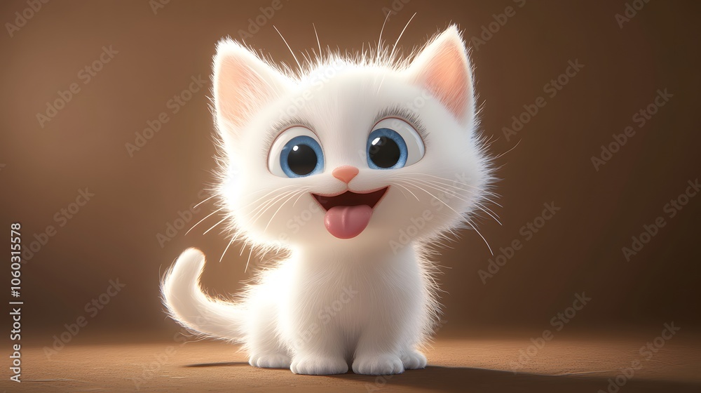A cute white cat with blue eyes, tongue out and smiling A cute white cat with blue eyes, tongue out and smiling