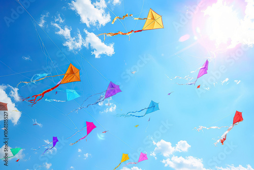 Beautiful greeting card with colorful kites soaring high above vibrant sky to holiday composition