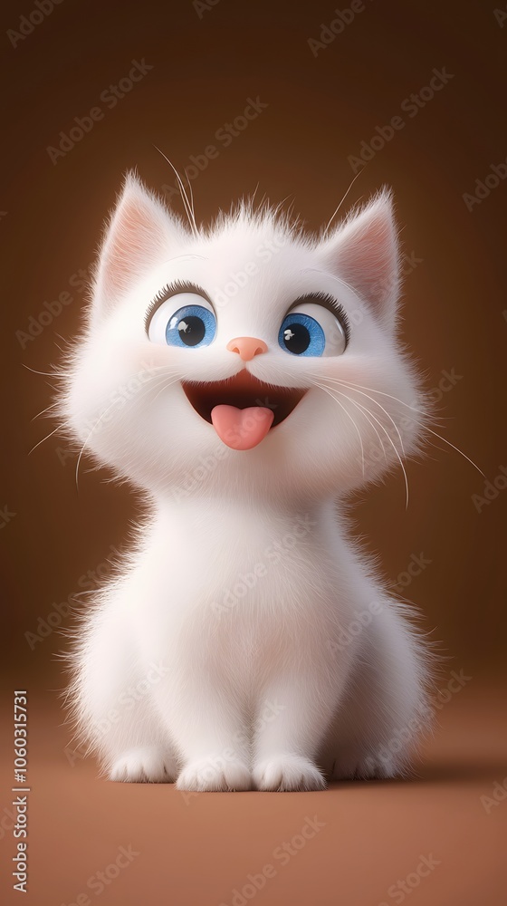 A cute white cat with blue eyes, tongue out and smiling A cute white cat with blue eyes, tongue out and smiling