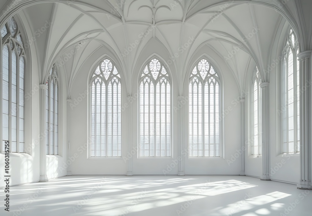 The interior of a Gothic-style building features a white color scheme. Large windows and arches allow ample daylight to fill the space. The floor and walls are also white, The interior of a Gothic-style building features a white color scheme. Large windows and arches allow ample daylight to fill the space. The floor and walls are also white,