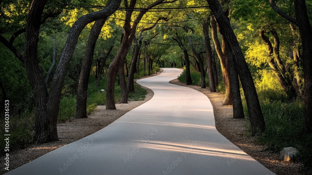 Obraz premium A serene winding path through a lush green forest with tall trees and dappled sunlight filtering through the leaves in a natural setting.