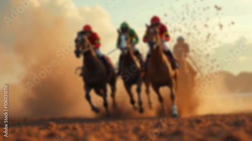 Intense horse race at full gallop. Epic lighting, horse race with blurred background