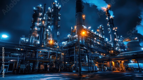 A large industrial complex at night with brightly lit towers and smoke stacks emitting steam into the air.