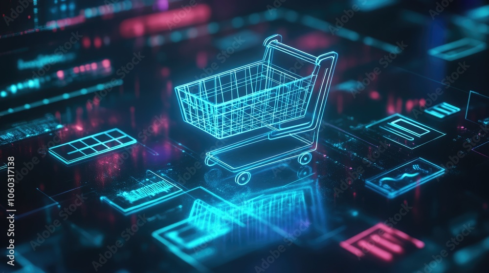 Digital shopping cart icon in a hologram with other e-commerce symbols, blue glow on dark background. Digital shopping cart icon in a hologram with other e-commerce symbols, blue glow on dark background.