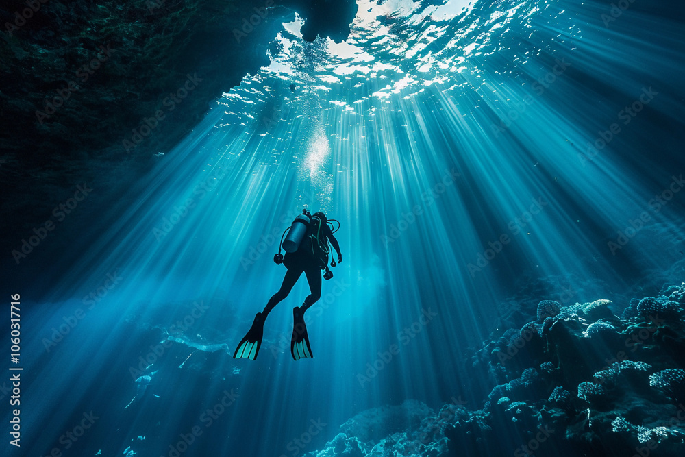 Beautiful diver goes on an underwater adventure in frighteningly deep sea Beautiful diver goes on an underwater adventure in frighteningly deep sea