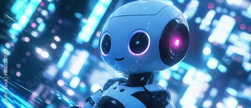 A friendly robot with glowing eyes in a futuristic environment engaged in communication