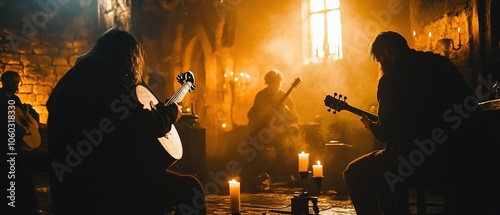 Musicians playing acoustic guitars in a candlelit medieval hall during a quiet evening gathering in an ancient stone castle