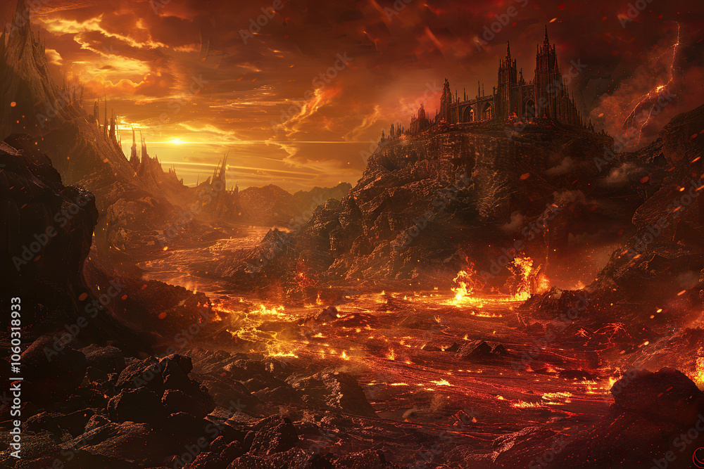 Scary sinister devil is in hell with dramatic fire lighting on the background Scary sinister devil is in hell with dramatic fire lighting on the background
