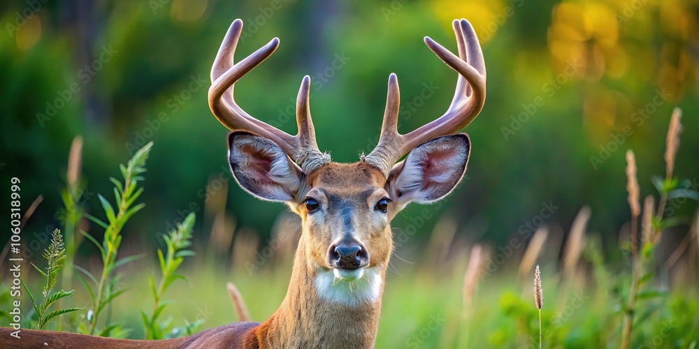 Fototapeta premium White tailed deer buck with velvet covered antler in summer, asymmetrical