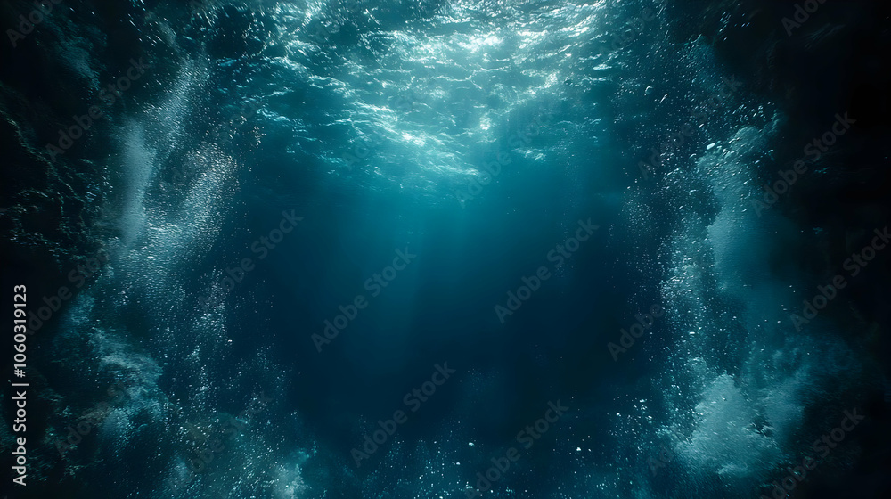 Fototapeta premium Underwater Dark Blue Background with Bubbles and Light Rays