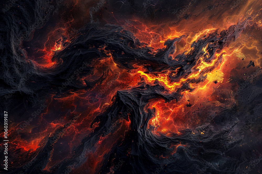 Scary sinister devil is in hell with dramatic fire lighting Scary sinister devil is in hell with dramatic fire lighting