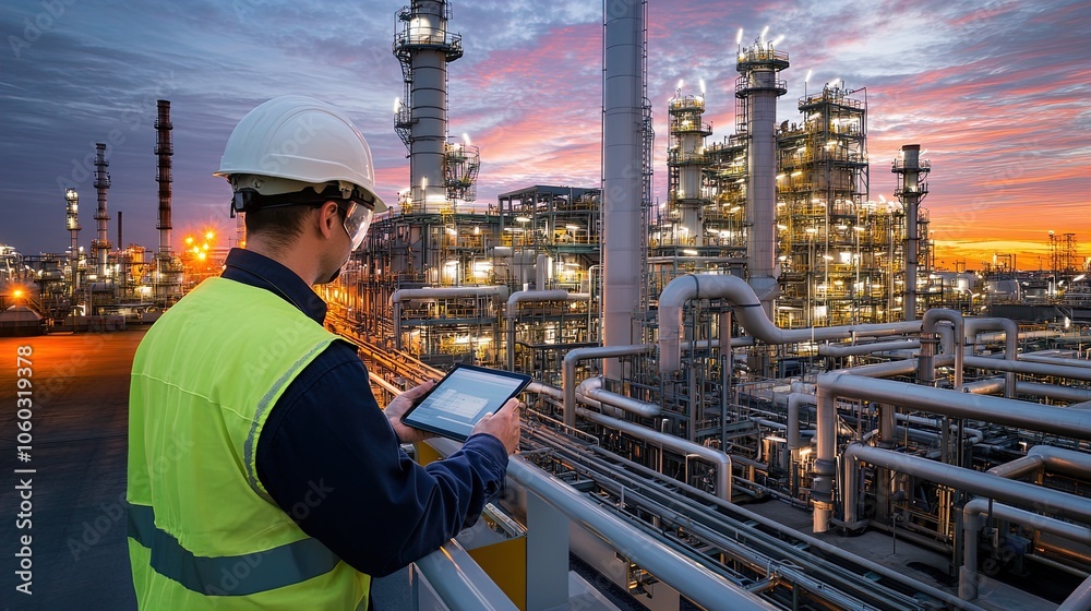 Industrial Engineer in Safety Gear Inspects Machinery at Twilight: Ideal Poster for Industrial Decor and Safety Awareness in Sports Facilities Industrial Engineer in Safety Gear Inspects Machinery at Twilight: Ideal Poster for Industrial Decor and Safety Awareness in Sports Facilities