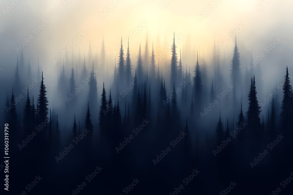 Fototapeta premium A serene landscape of tall coniferous trees emerging from a foggy atmosphere, creating a mystical and tranquil mood with soft hues of blue and warm light in the background.