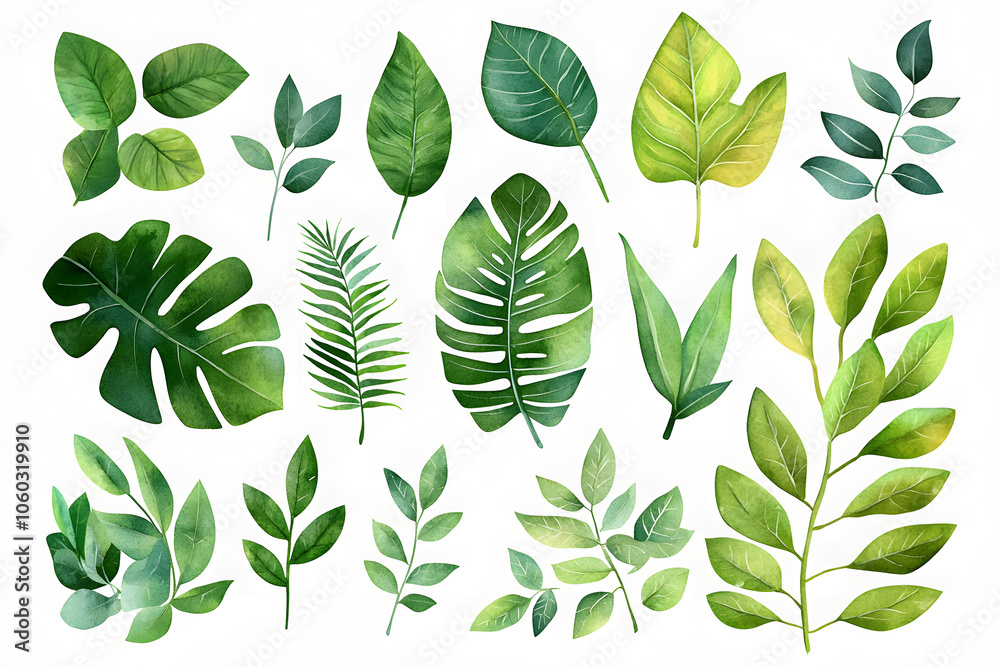 Watercolor Set of Tropical leaves, isolated on white background Watercolor Set of Tropical leaves, isolated on white background
