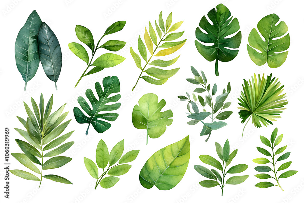 Fototapeta premium Watercolor Set of Tropical leaves, isolated on white background