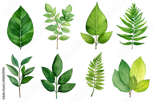 Watercolor Set of Tropical leaves, isolated on white background