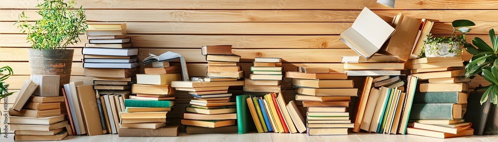 Stack of Books on Wooden Shelf. Stack of Books on Wooden Shelf.