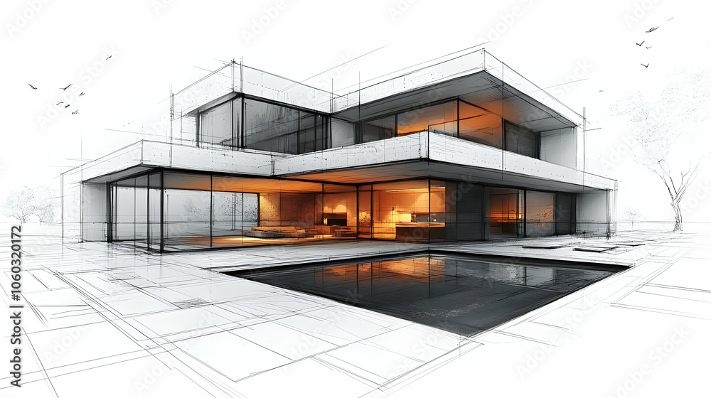 Modern House Sketch with Pool Illustration Modern House Sketch with Pool Illustration