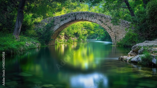 A tranquil scene of the medieval bridge in Cyprus, where the old stone Venetian bridge is beautifully reflected in the river