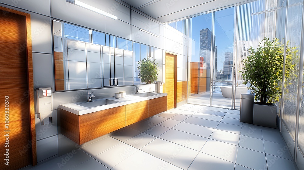 Modern bathroom with city view. Modern bathroom with city view.