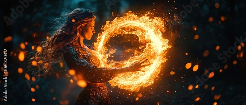A young woman gracefully manipulates flames while standing in a dark forest during twilight, showcasing her fiery abilities